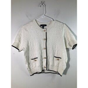 Womens Ellen Tracy Cropped Cardigan Pearl Gold Buttons Cream‎ Black M NWOT